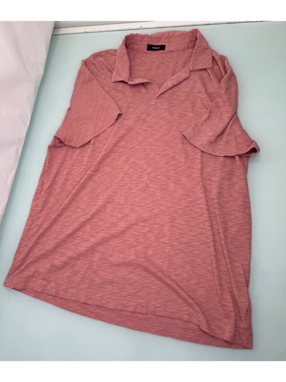 THEORY Willem Nebulous Polo Shirt Mens Large L 100% Cotton Heathered Salmon Pink